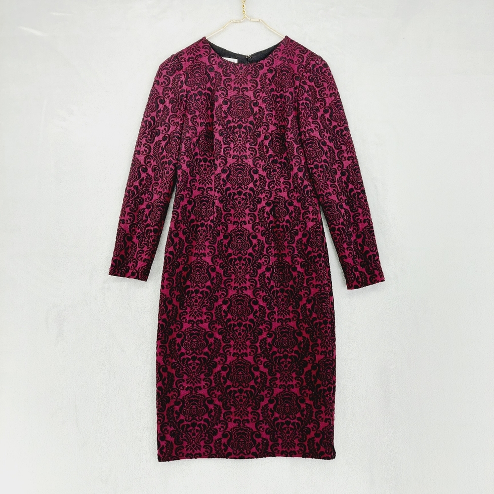 NEW Maggy London Pink Black Jacquard Floral Long Sleeve Midi Dress P7105